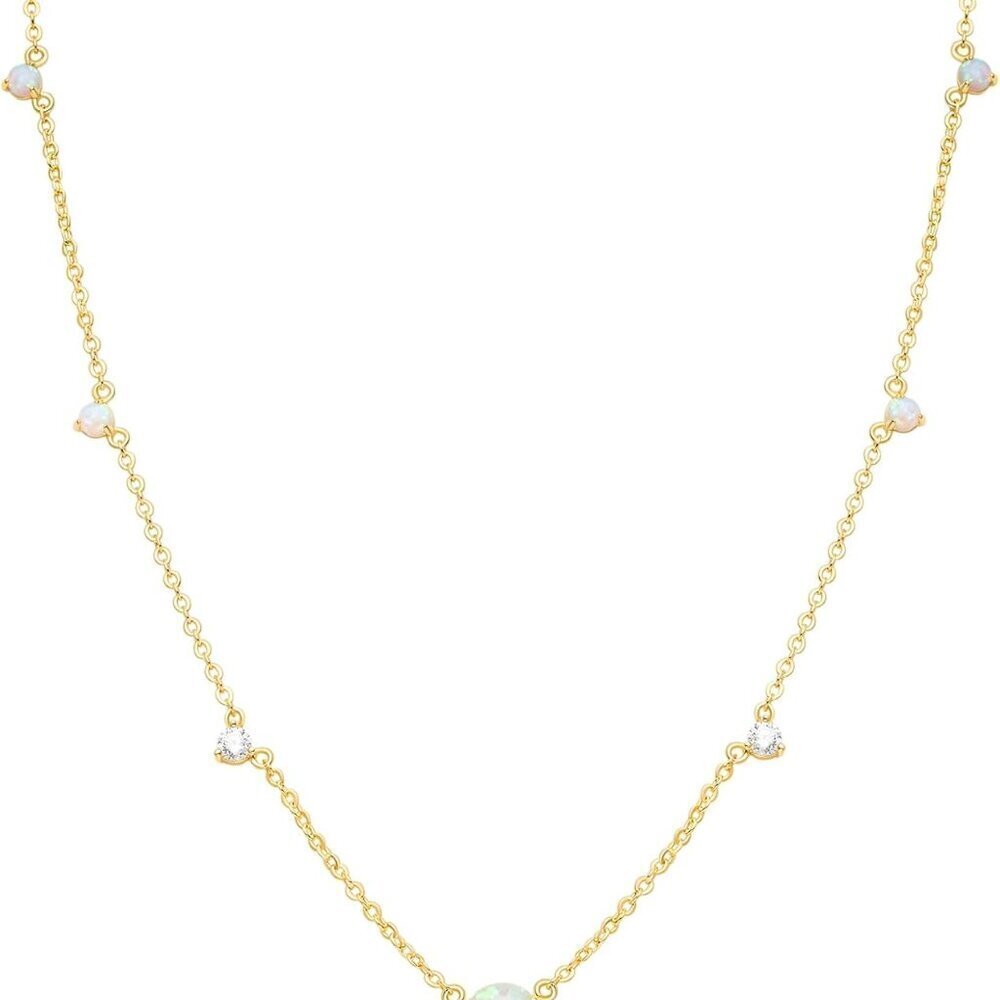 14K Gold Plated Station Necklace Women CZ Opal Dainty Adjustable Jewelry